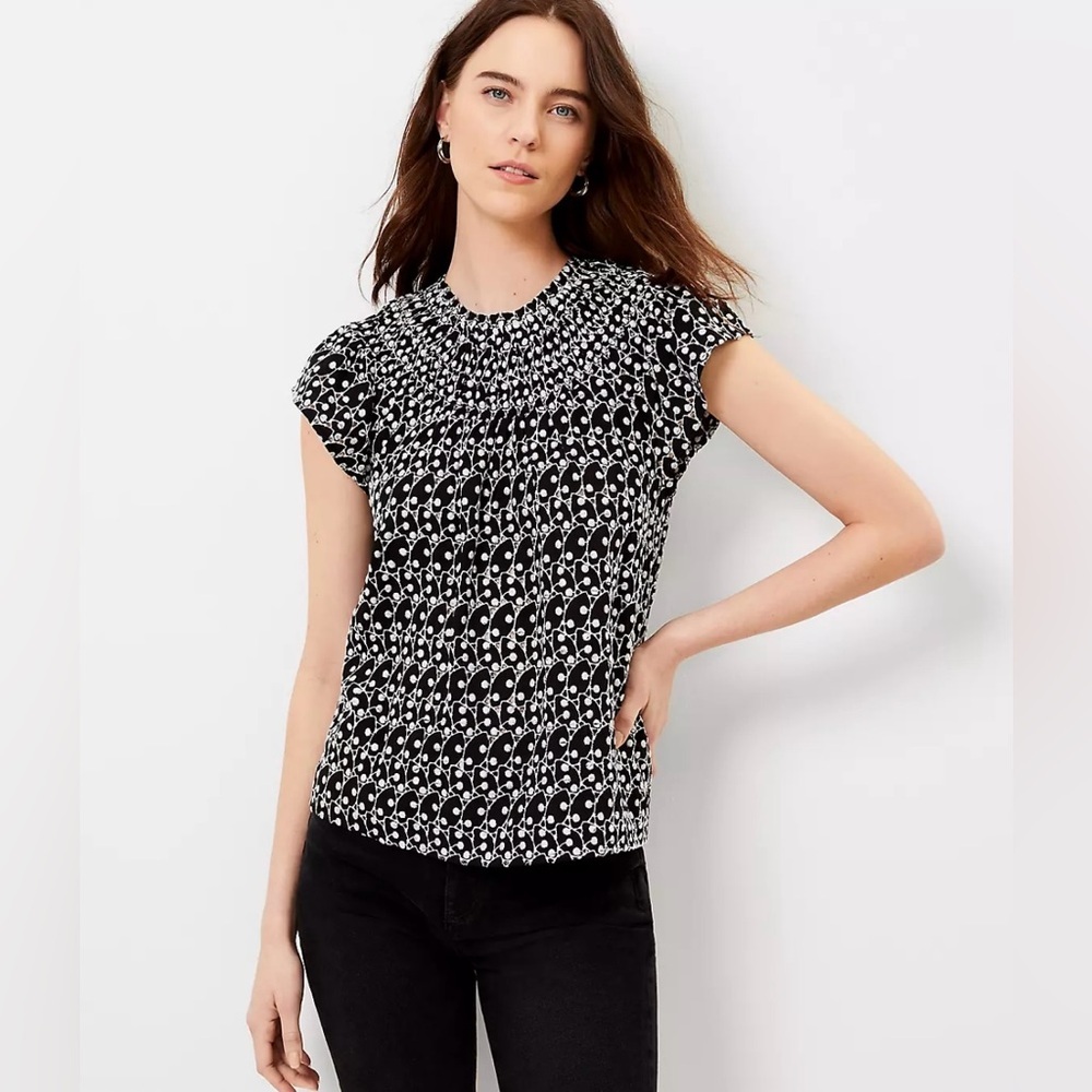 LOFT Black and White Fitted Blouse with Bib Collar